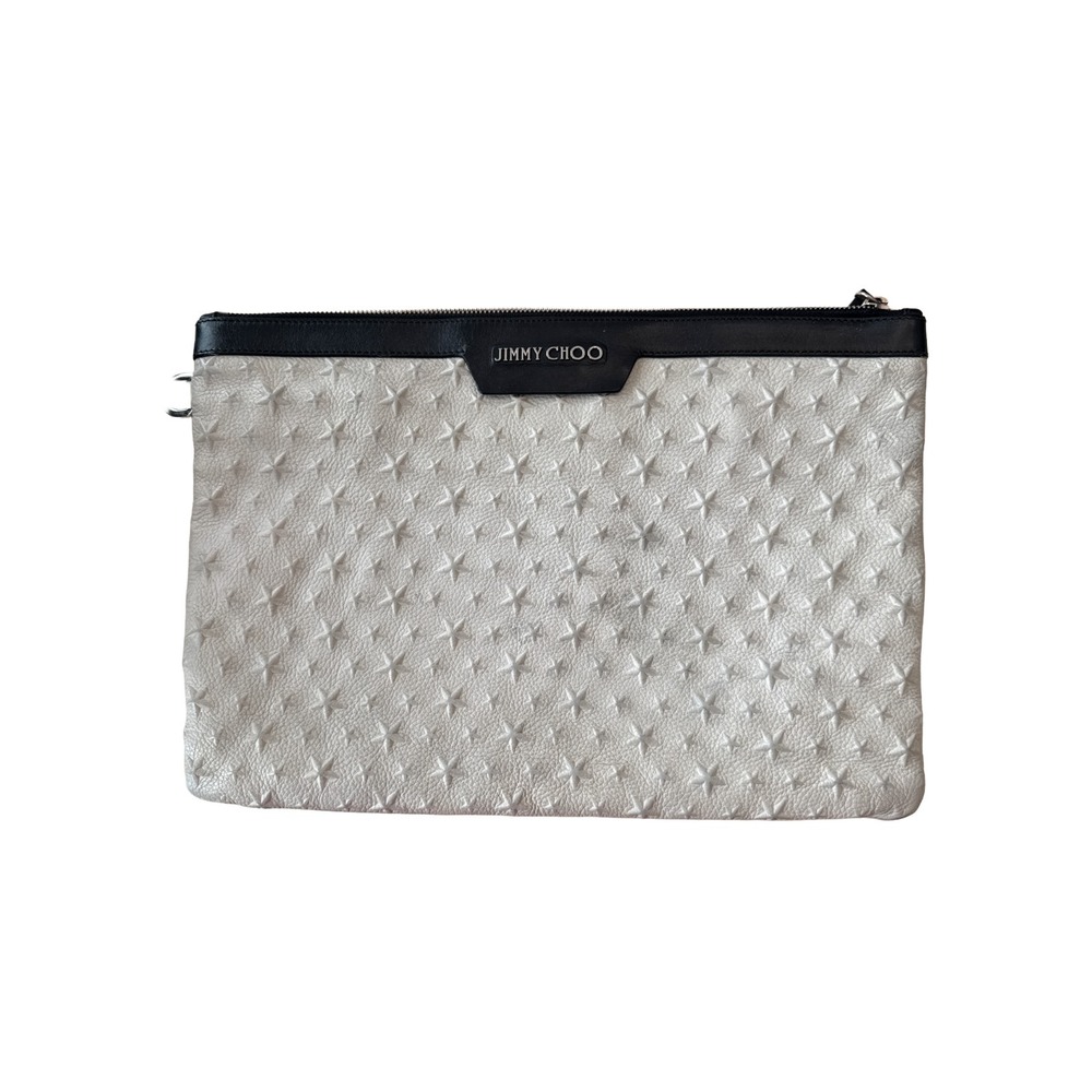 Jimmy Choo Derek Clutch Gray Star Embossed Leather 14" Y2K Designer Edgy Bag